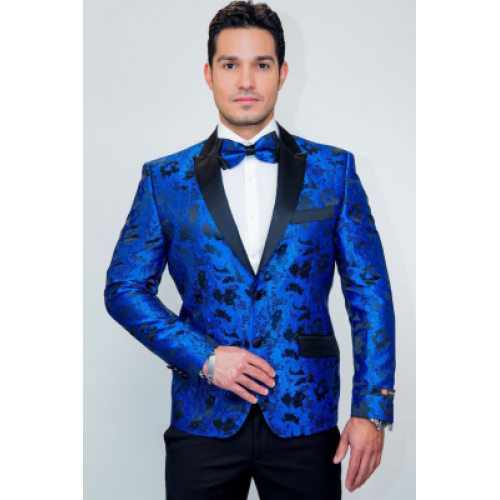 Royal Blue Tapestry Floral Slim Fit Tuxedo Jacket